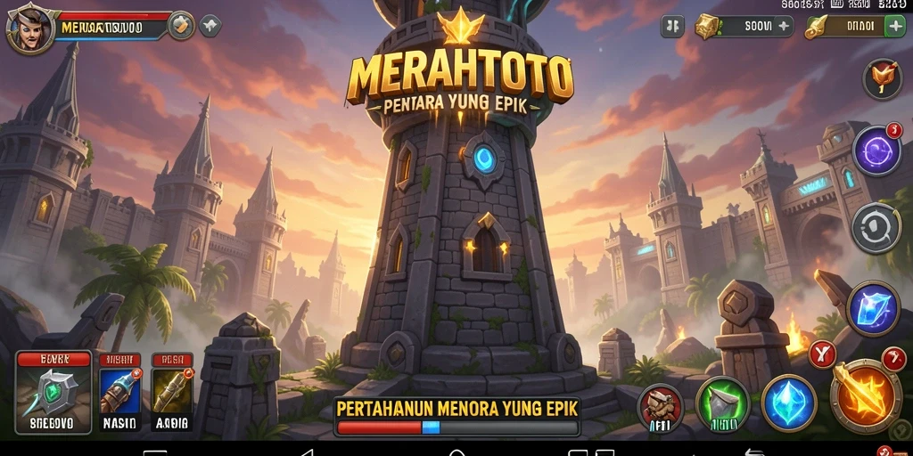 Tangkapan layar MERAHTOTO menampilkan aksi pertahanan menara yang seru.