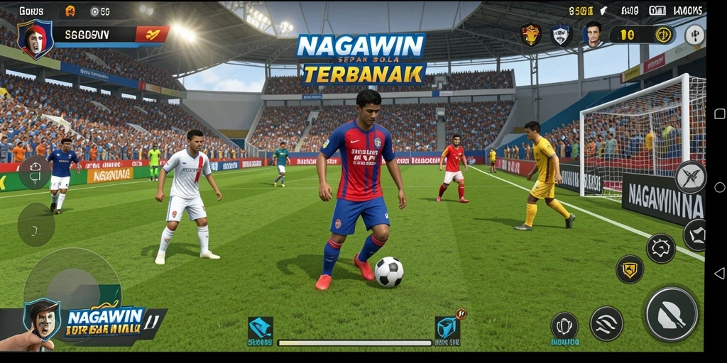 Screenshot gameplay NAGAWIN menampilkan aksi seru dalam pertandingan sepak bola.