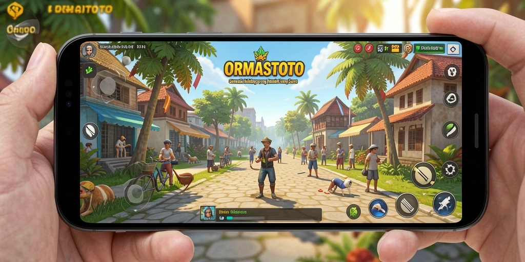 Screenshot ORMASTOTO menunjukkan karakter yang sedang berinteraksi dalam dunia simulasi.