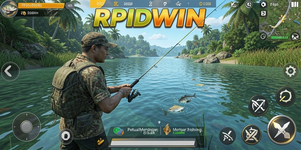 Tampilan gameplay RPIDWIN yang menakjubkan saat memancing di lokasi indah.